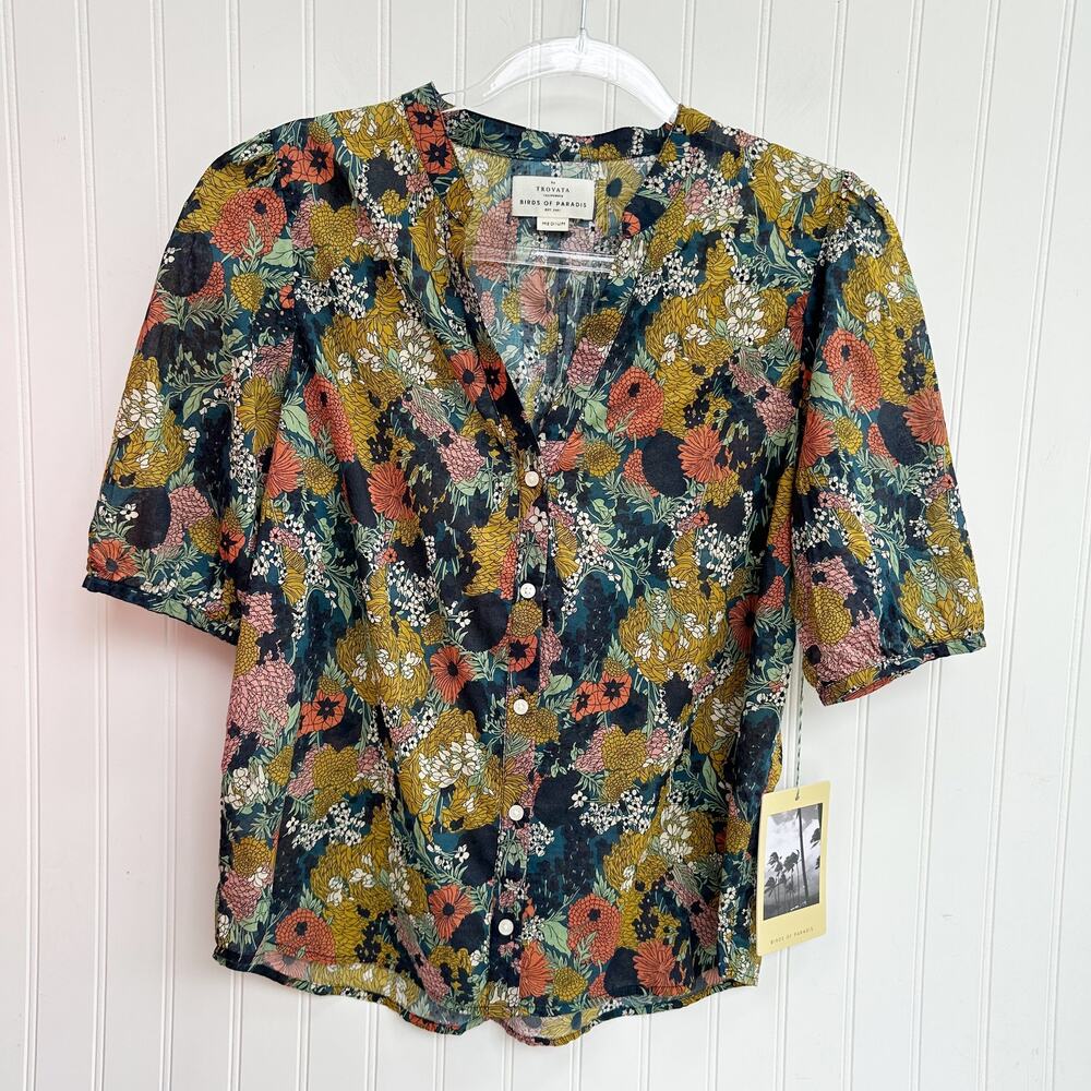 Trovata Birds Of Paradis Dakota Blouse Floral Deep Bramble Short Sleeve V Neck